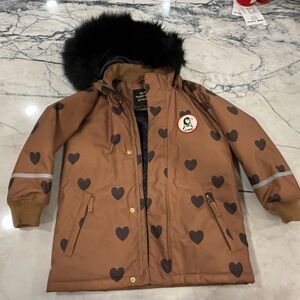 Mini Rodini Brown Heart Jacket with Black faux Fur Trim size8/9